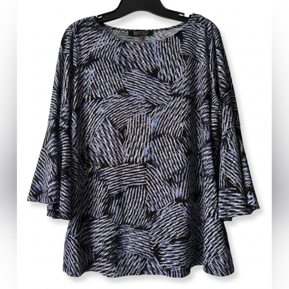 Kasper Blue & Black Patterned Women's Top With Bell Sleeves Size L